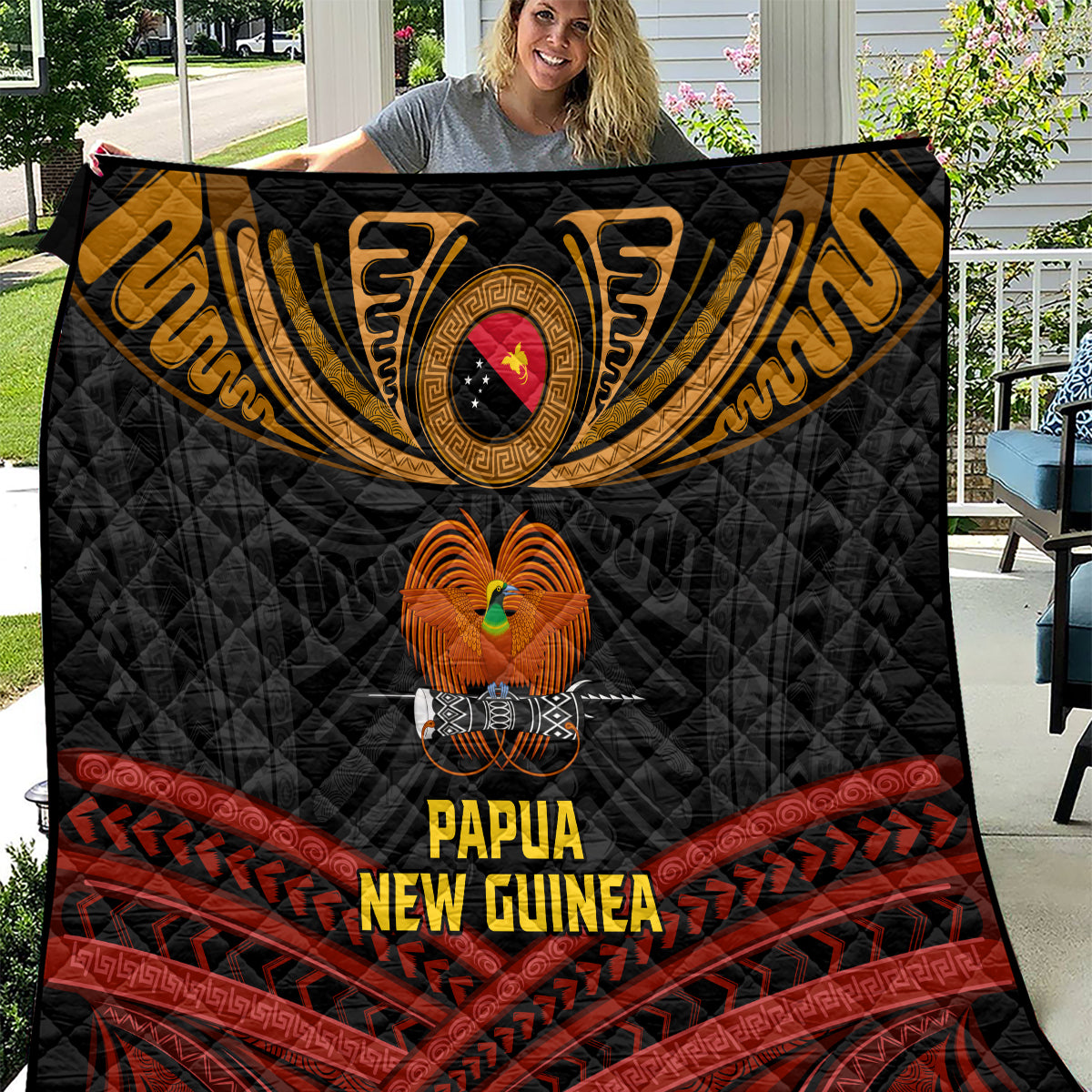 Papua New Guinea Bird-of-Paradise Quilt Coat of Arms and Tribal Patterns LT03 Black - Polynesian Pride