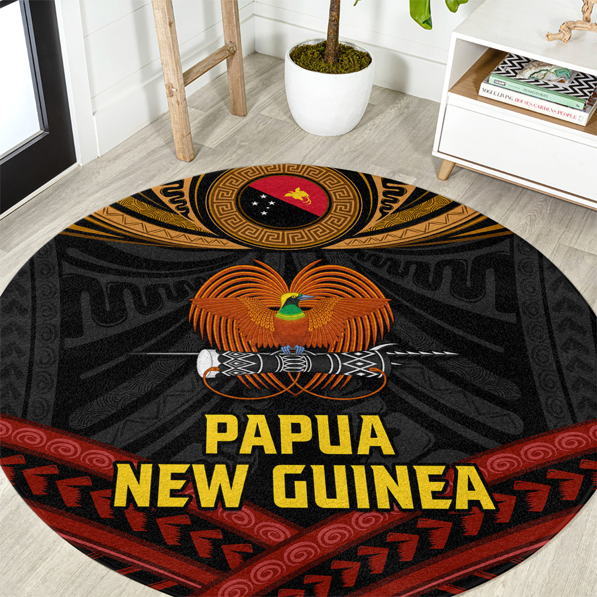Papua New Guinea Bird-of-Paradise Round Carpet Coat of Arms and Tribal Patterns LT03 Black - Polynesian Pride