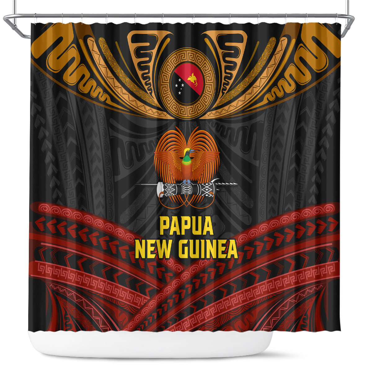 Papua New Guinea Bird-of-Paradise Shower Curtain Coat of Arms and Tribal Patterns LT03 Black - Polynesian Pride