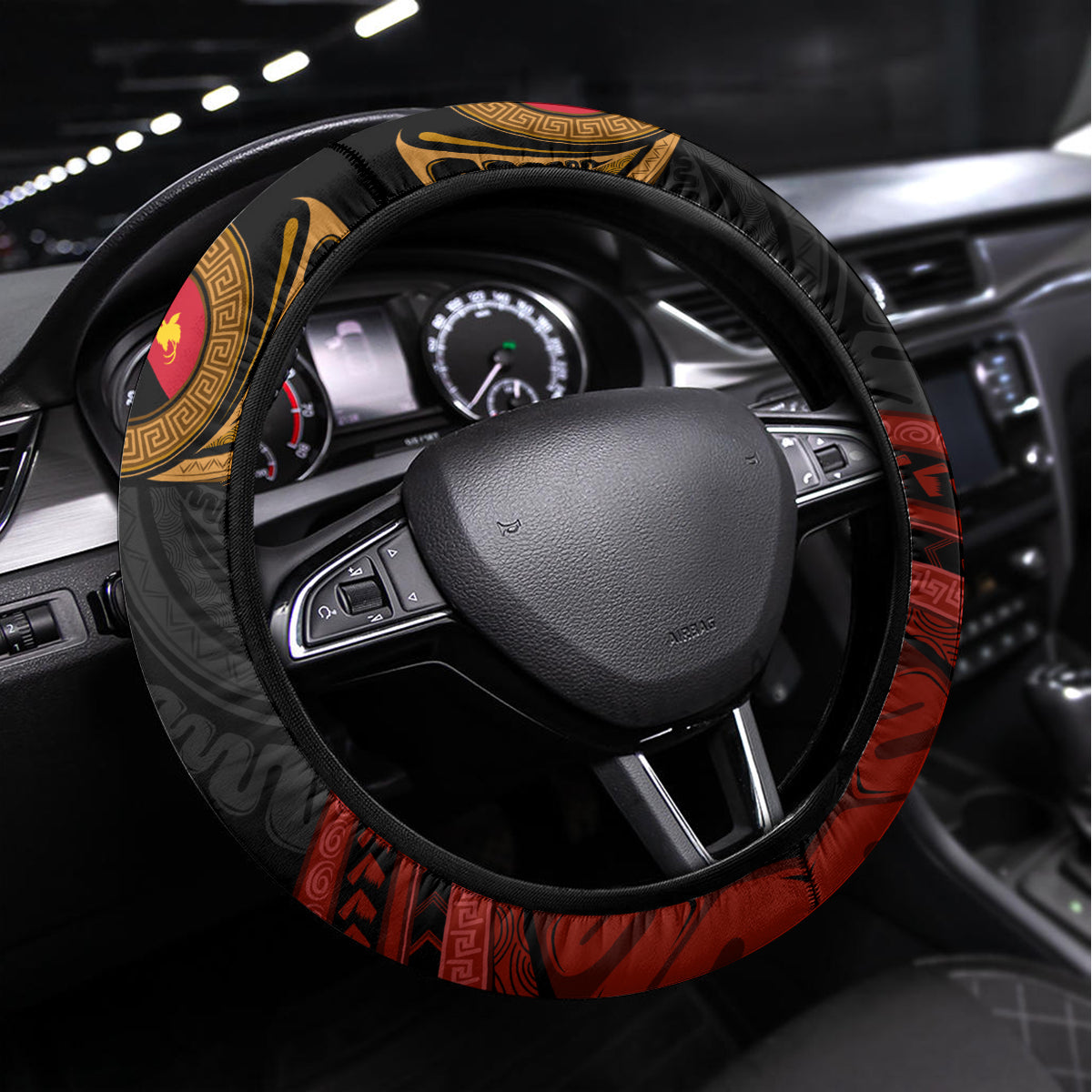 Papua New Guinea Bird-of-Paradise Steering Wheel Cover Coat of Arms and Tribal Patterns LT03 Universal Fit Black - Polynesian Pride