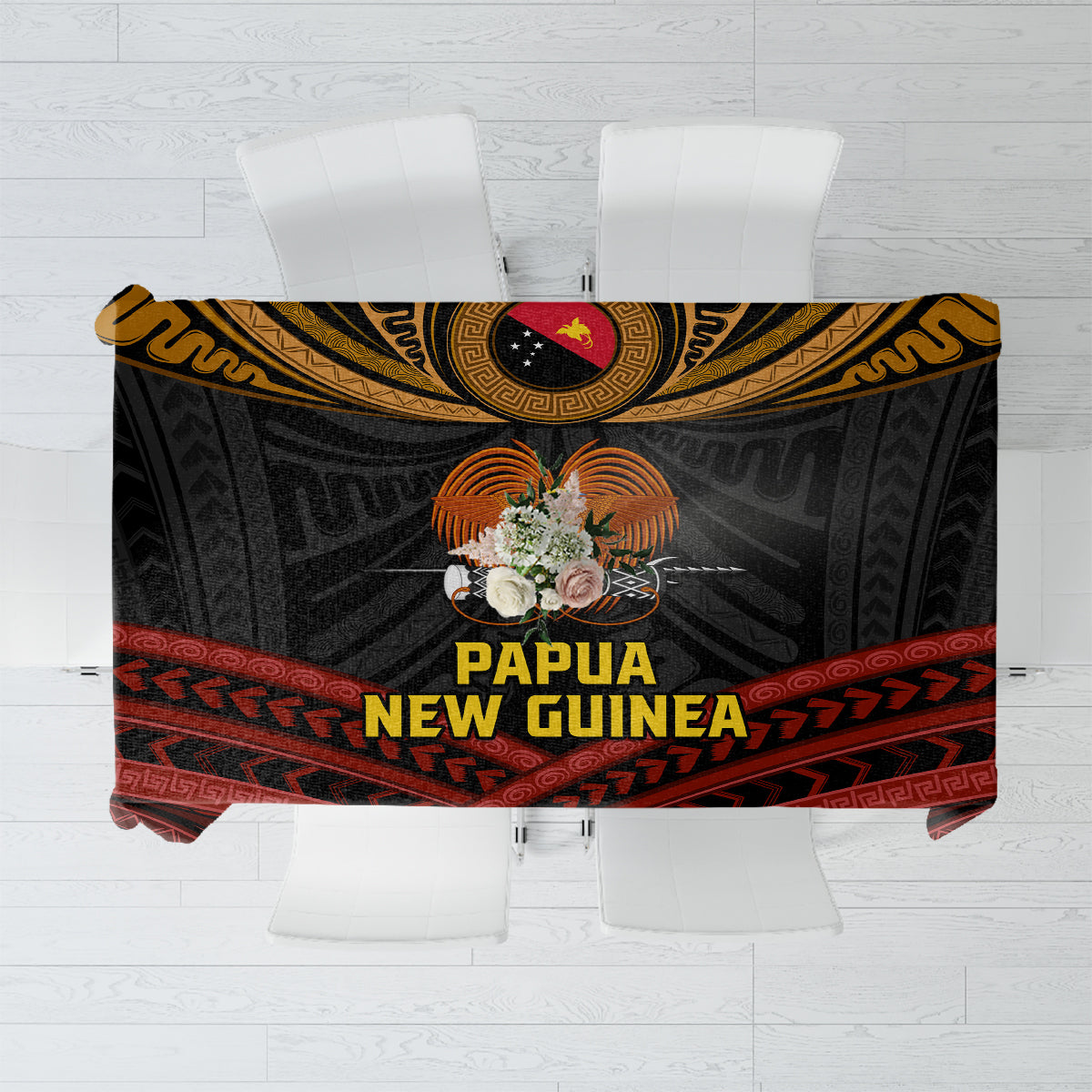Papua New Guinea Bird-of-Paradise Tablecloth Coat of Arms and Tribal Patterns LT03 Black - Polynesian Pride