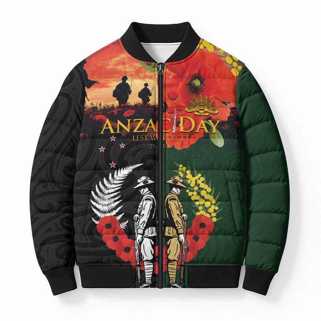 New Zealand and Australia ANZAC Day Bomber Puffer Jacket Lest We Forget Indigenous and Maori Pattern LT03 Unisex Multicolor - Polynesian Pride