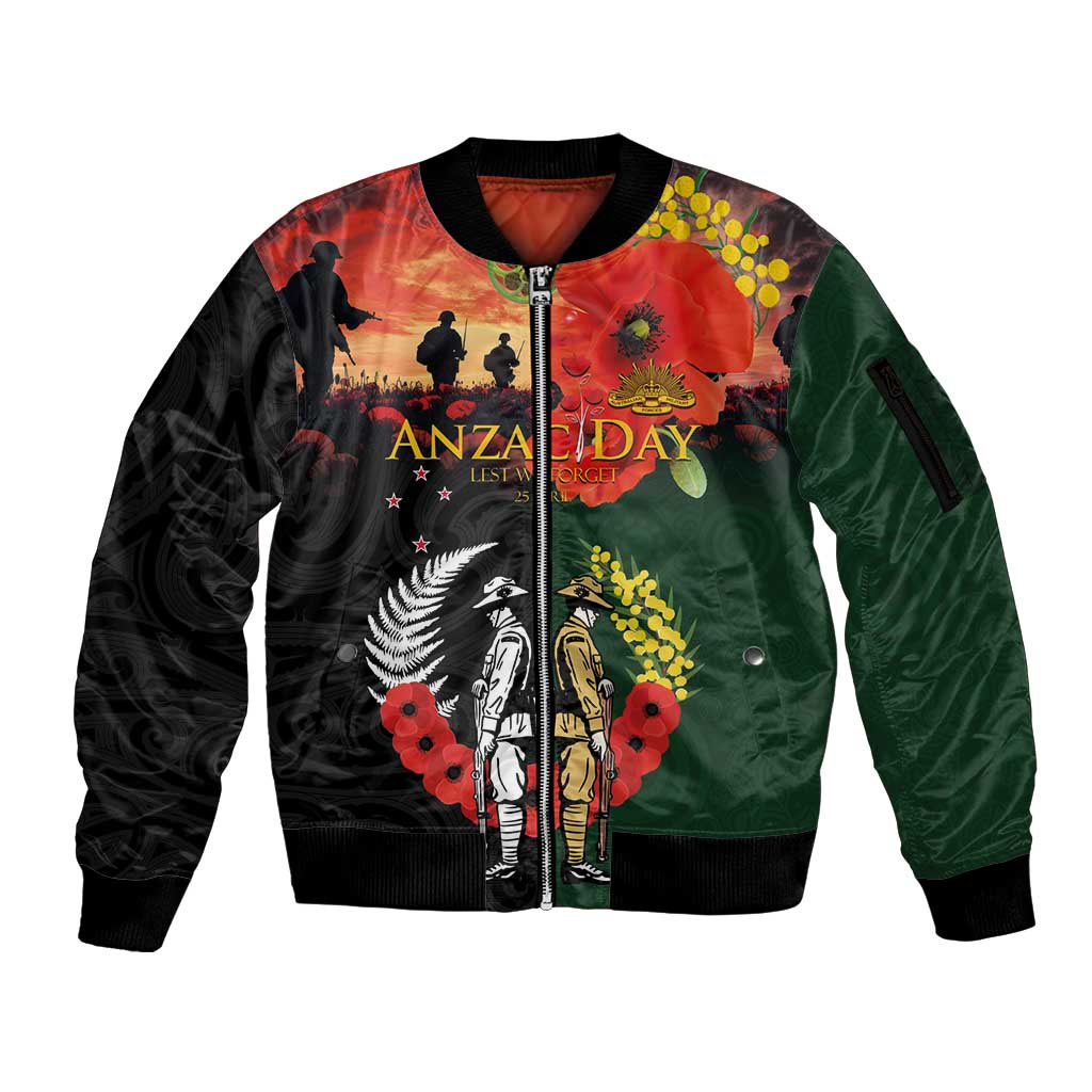 New Zealand and Australia ANZAC Day Sleeve Zip Bomber Jacket Lest We Forget Indigenous and Maori Pattern LT03 Unisex Multicolor - Polynesian Pride