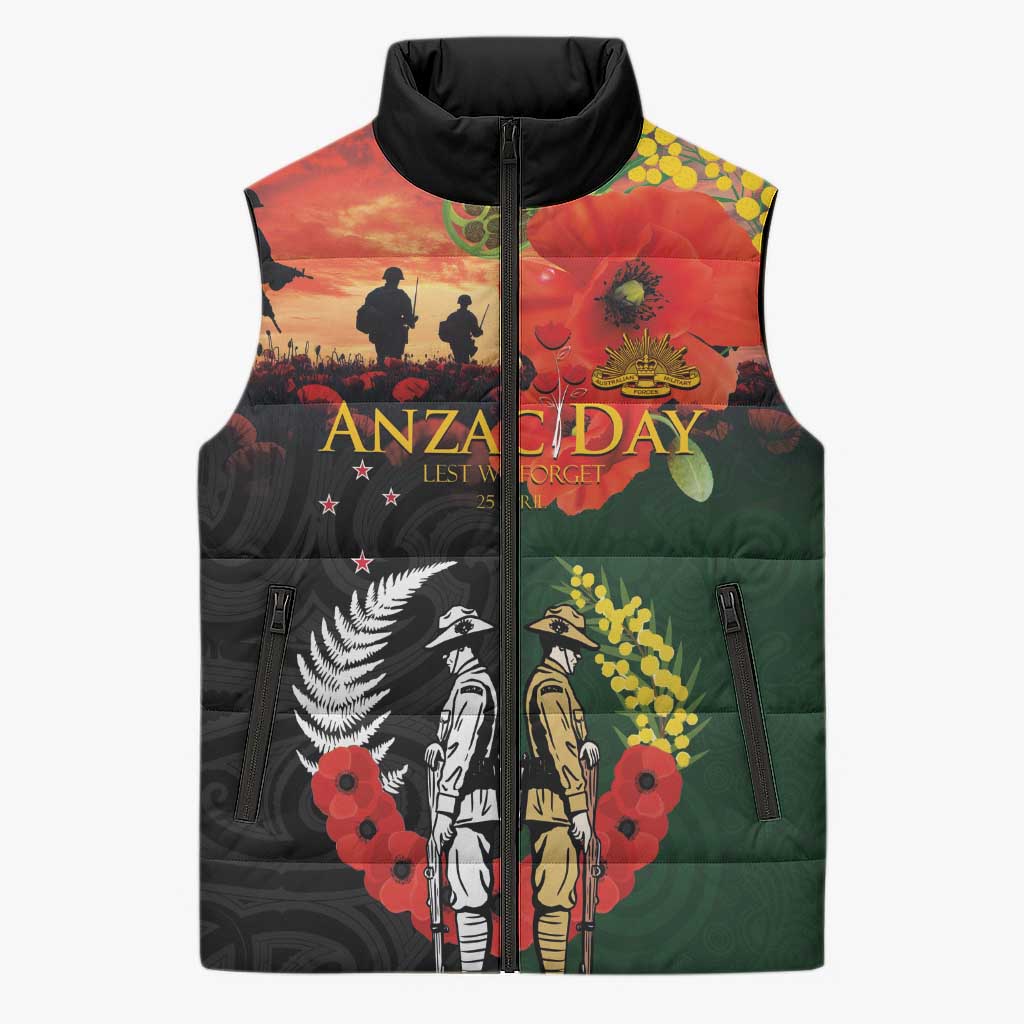 New Zealand and Australia ANZAC Day Sleeveless Puffer Jacket Lest We Forget Indigenous and Maori Pattern LT03 Unisex Multicolor - Polynesian Pride