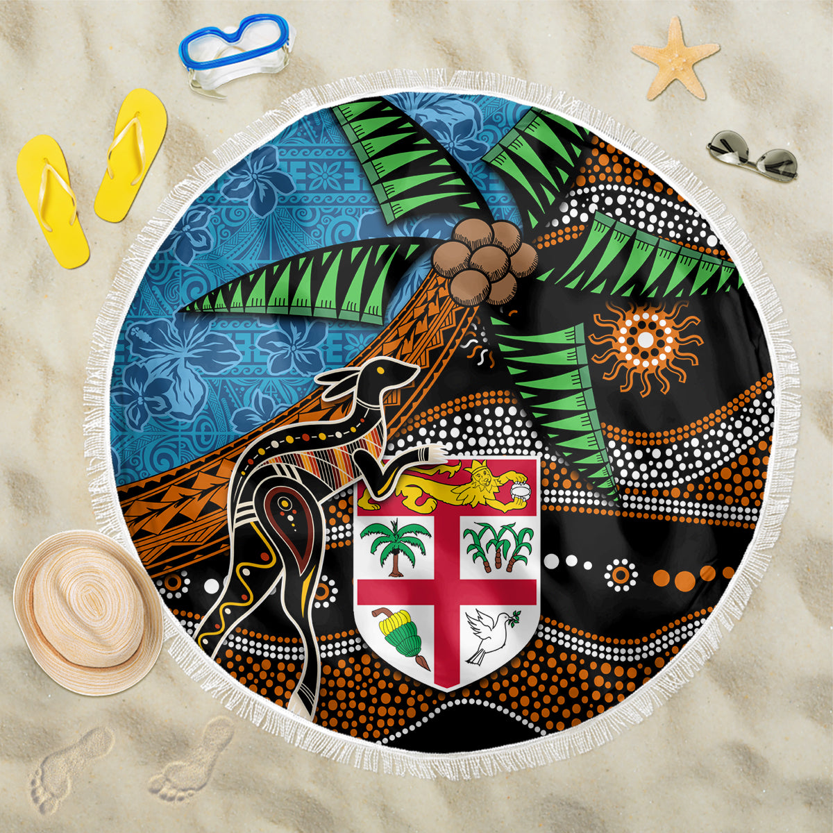 Fiji and Australia Beach Blanket Fijian and Aboriginal mix Culture LT03 One Size 150cm Blue - Polynesian Pride