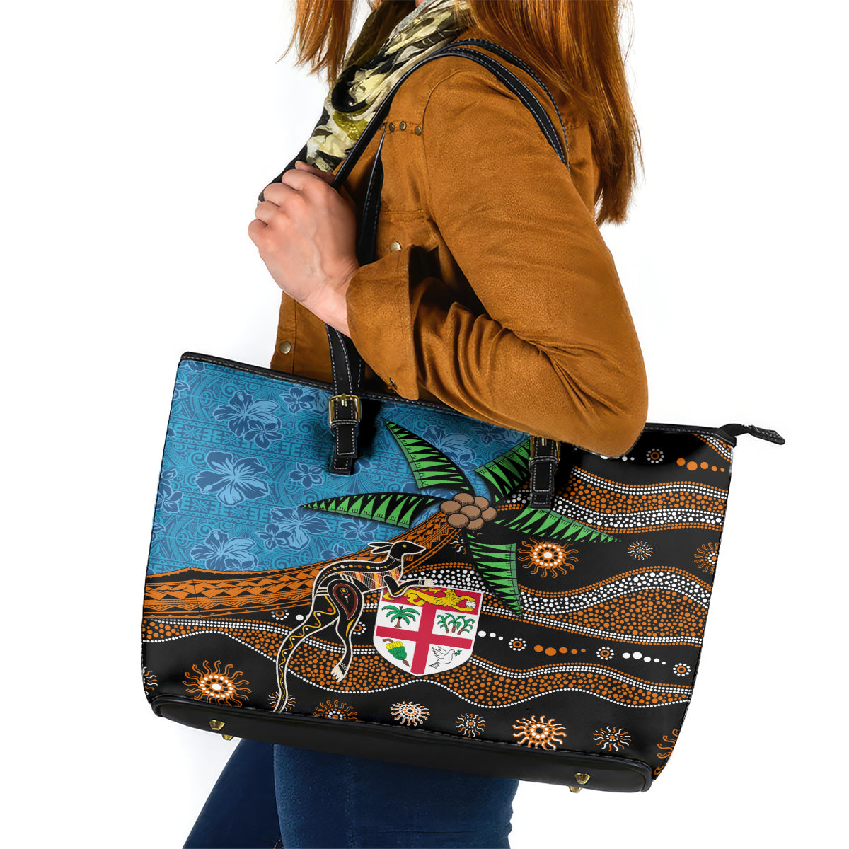Fiji and Australia Leather Tote Bag Fijian and Aboriginal mix Culture LT03 Blue - Polynesian Pride