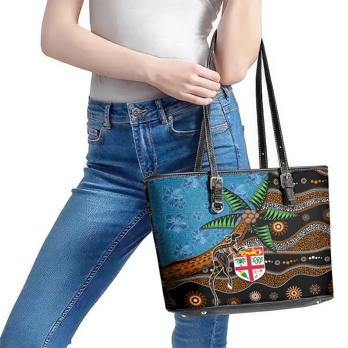Fiji and Australia Leather Tote Bag Fijian and Aboriginal mix Culture LT03 - Polynesian Pride