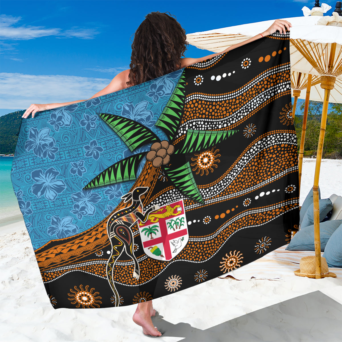 Fiji and Australia Sarong Fijian and Aboriginal mix Culture LT03 One Size 44 x 66 inches Blue - Polynesian Pride
