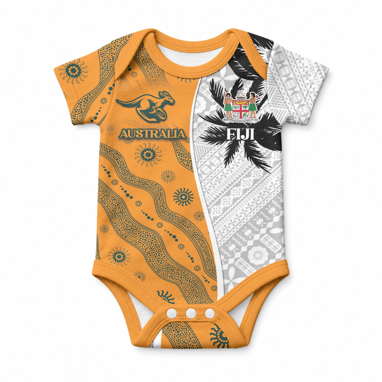 Custom Fiji and Australia Rugby Baby Onesie Tapa Mix Aboriginal Pattern Half Style LT03 White - Polynesian Pride