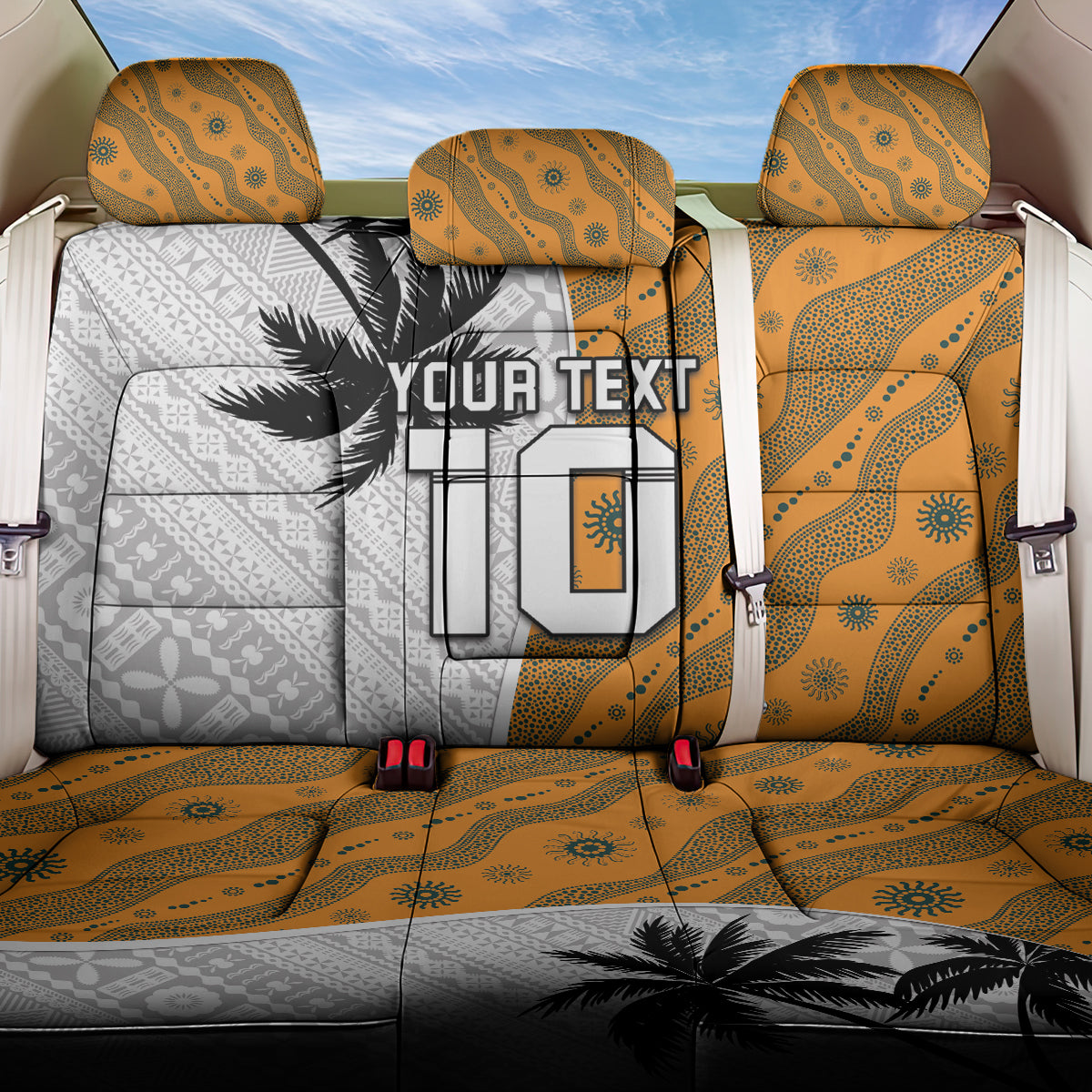 Custom Fiji and Australia Rugby Back Car Seat Cover Tapa Mix Aboriginal Pattern Half Style LT03 One Size White - Polynesian Pride