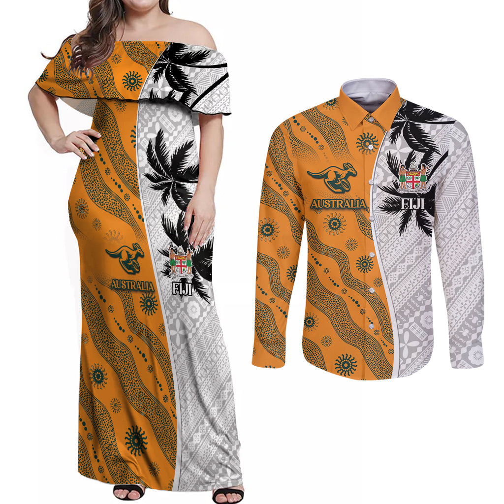 Custom Fiji and Australia Rugby Couples Matching Off Shoulder Maxi Dress and Long Sleeve Button Shirt Tapa Mix Aboriginal Pattern Half Style LT03 White - Polynesian Pride