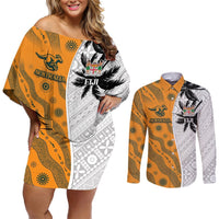 Custom Fiji and Australia Rugby Couples Matching Off Shoulder Short Dress and Long Sleeve Button Shirt Tapa Mix Aboriginal Pattern Half Style LT03 White - Polynesian Pride