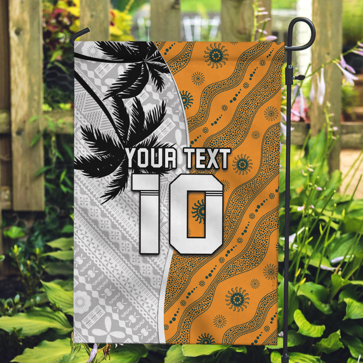 Custom Fiji and Australia Rugby Garden Flag Tapa Mix Aboriginal Pattern Half Style LT03 Garden Flag White - Polynesian Pride