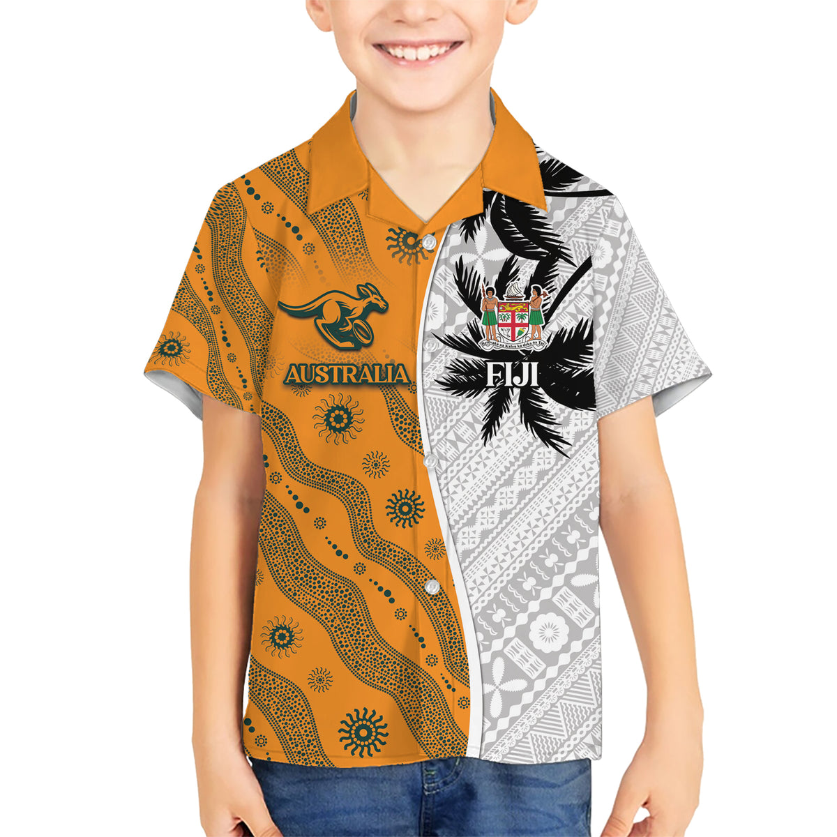 Custom Fiji and Australia Rugby Kid Hawaiian Shirt Tapa Mix Aboriginal Pattern Half Style LT03 Kid White - Polynesian Pride