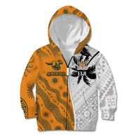 Custom Fiji and Australia Rugby Kid Hoodie Tapa Mix Aboriginal Pattern Half Style LT03 Zip Hoodie White - Polynesian Pride