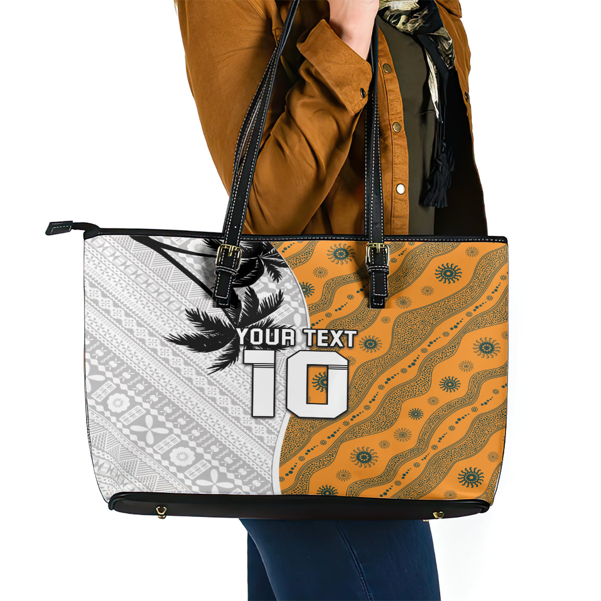 Custom Fiji and Australia Rugby Leather Tote Bag Tapa Mix Aboriginal Pattern Half Style LT03 - Polynesian Pride