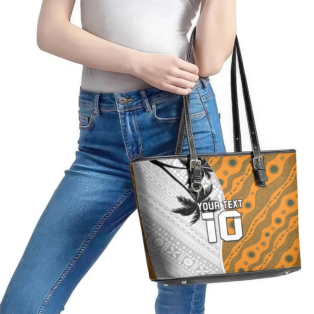 Custom Fiji and Australia Rugby Leather Tote Bag Tapa Mix Aboriginal Pattern Half Style LT03 - Polynesian Pride