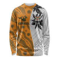 Custom Fiji and Australia Rugby Long Sleeve Shirt Tapa Mix Aboriginal Pattern Half Style LT03 Unisex White - Polynesian Pride