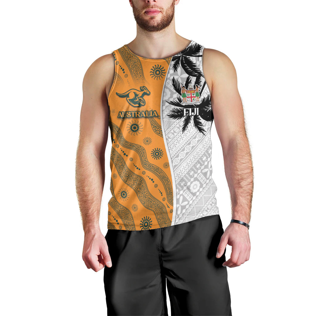 Custom Fiji and Australia Rugby Men Tank Top Tapa Mix Aboriginal Pattern Half Style LT03 - Polynesian Pride