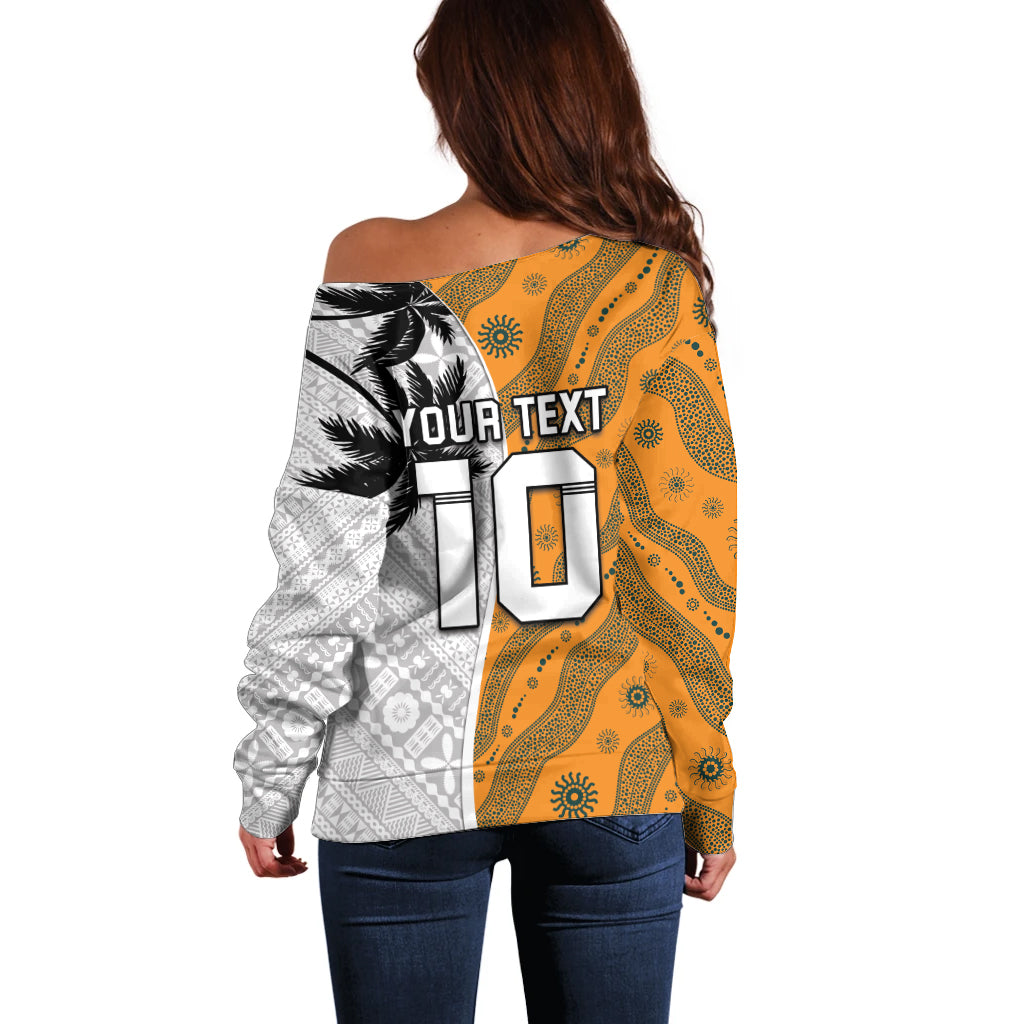 Custom Fiji and Australia Rugby Off Shoulder Sweater Tapa Mix Aboriginal Pattern Half Style LT03 - Polynesian Pride