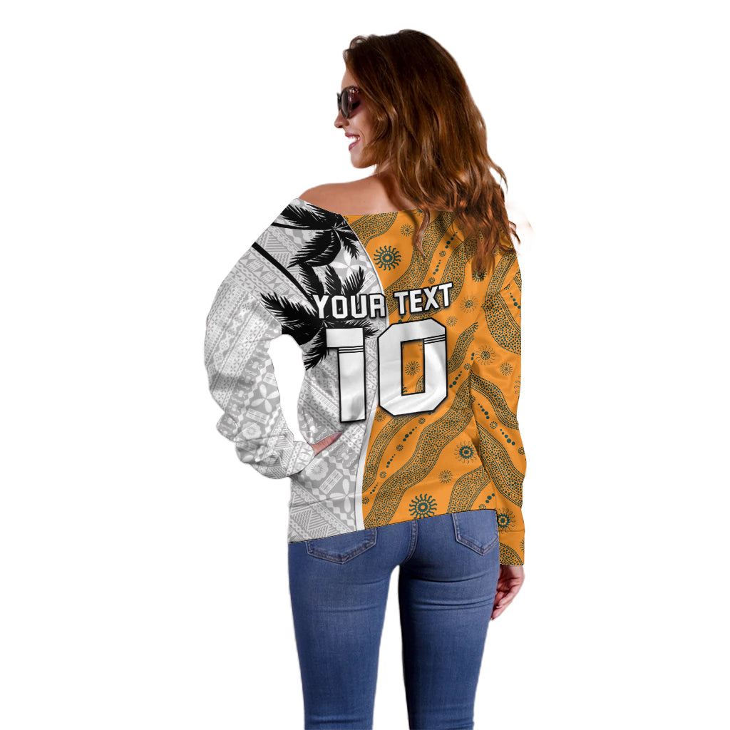 Custom Fiji and Australia Rugby Off Shoulder Sweater Tapa Mix Aboriginal Pattern Half Style LT03 - Polynesian Pride