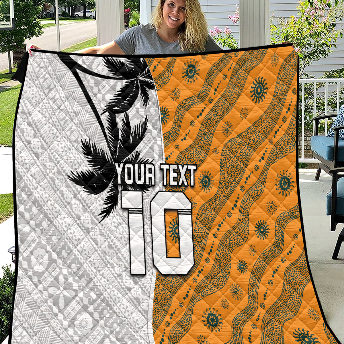 Custom Fiji and Australia Rugby Quilt Tapa Mix Aboriginal Pattern Half Style