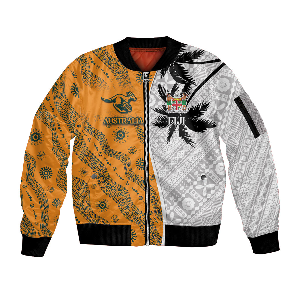 Custom Fiji and Australia Rugby Sleeve Zip Bomber Jacket Tapa Mix Aboriginal Pattern Half Style LT03 Unisex White - Polynesian Pride