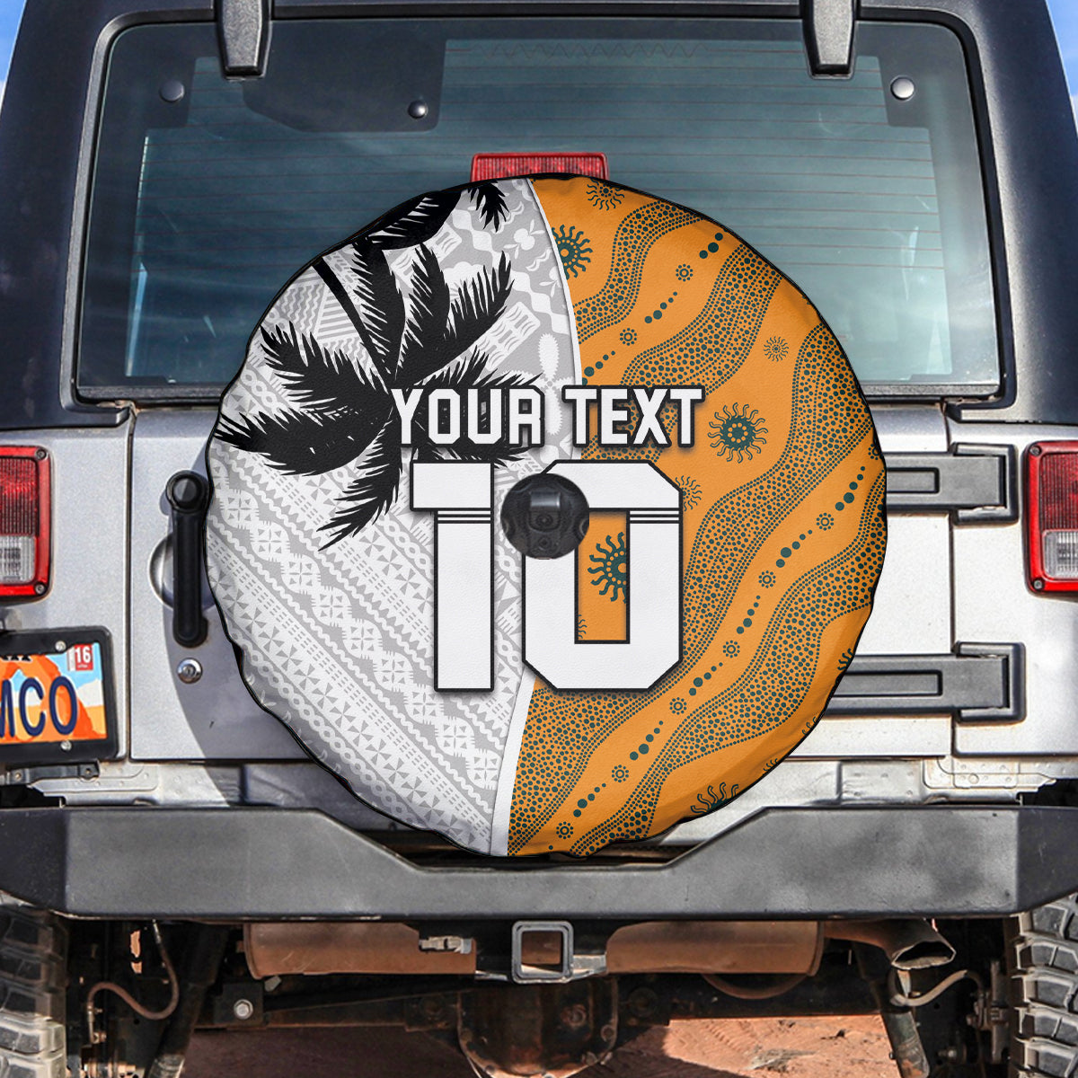 Custom Fiji and Australia Rugby Spare Tire Cover Tapa Mix Aboriginal Pattern Half Style LT03 White - Polynesian Pride
