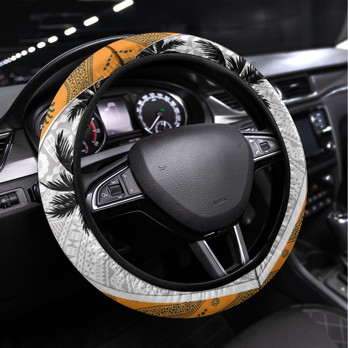 Fiji and Australia Rugby Steering Wheel Cover Tapa Mix Aboriginal Pattern Half Style LT03 Universal Fit White - Polynesian Pride