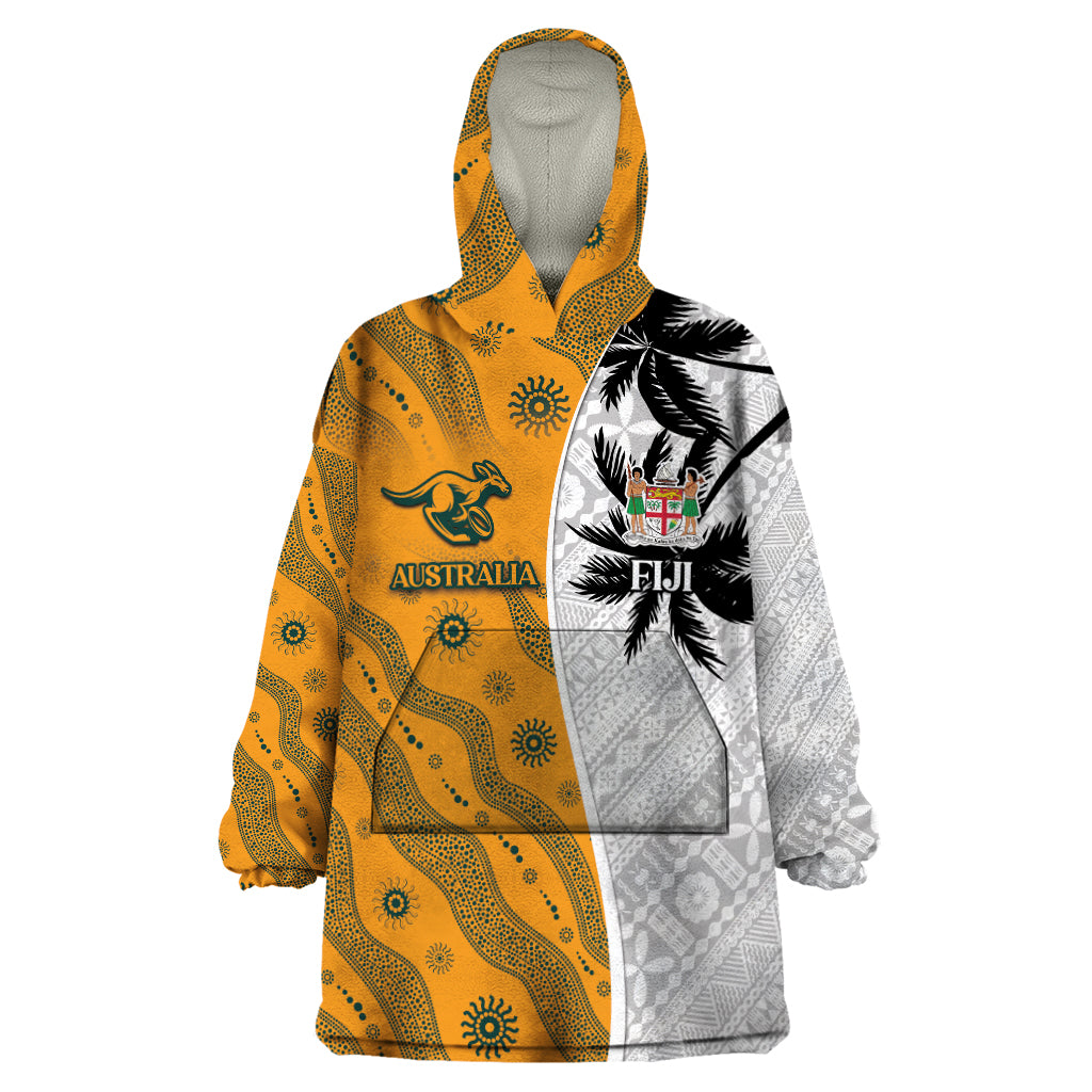 Custom Fiji and Australia Rugby Wearable Blanket Hoodie Tapa Mix Aboriginal Pattern Half Style LT03 One Size White - Polynesian Pride