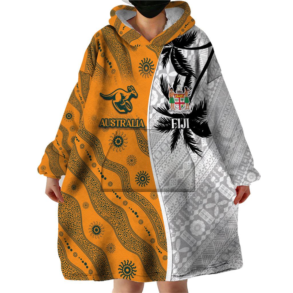 Custom Fiji and Australia Rugby Wearable Blanket Hoodie Tapa Mix Aboriginal Pattern Half Style LT03 - Polynesian Pride