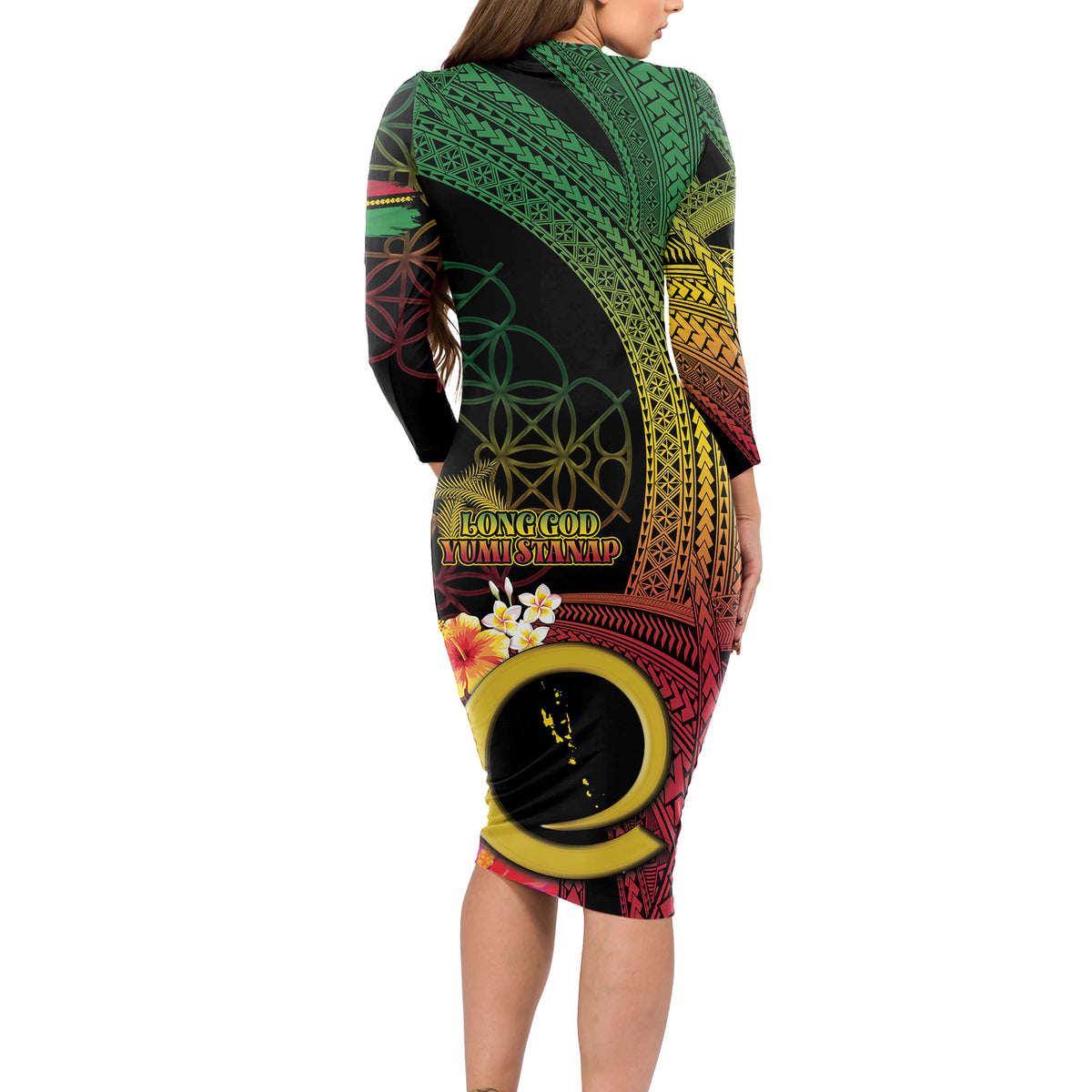 Vanuatu Independence Day Long Sleeve Bodycon Dress Sand Drawing Melanesian Vibes LT03 - Polynesian Pride