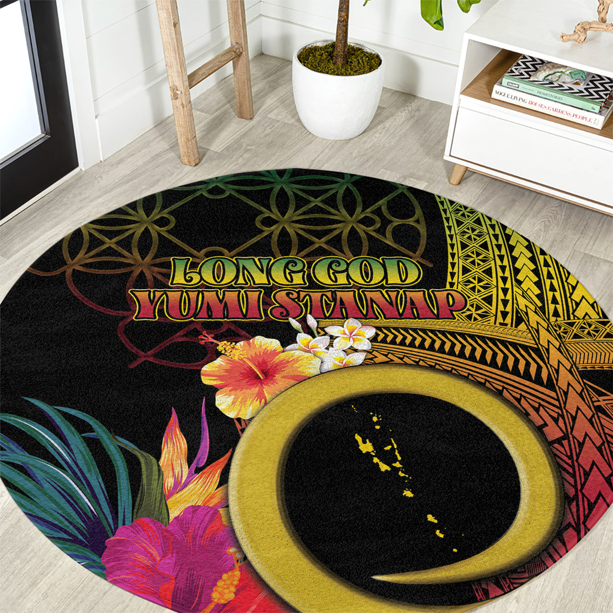 Vanuatu Independence Day Round Carpet Sand Drawing Melanesian Vibes LT03 Black - Polynesian Pride