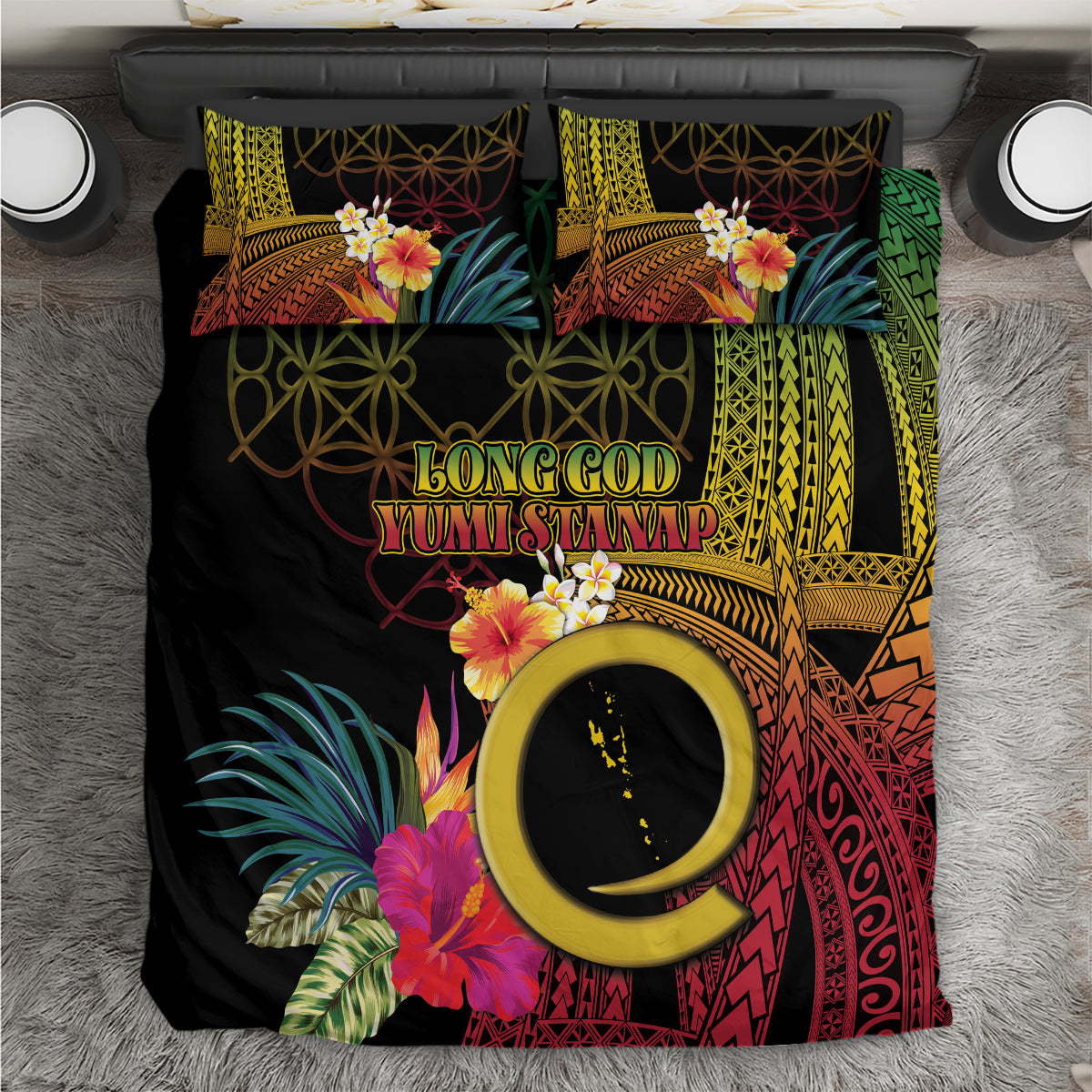 Vanuatu Selebretem 44th Indipendens Dei Bedding Set Sand Drawing Melanesian Vibes LT03 Black - Polynesian Pride