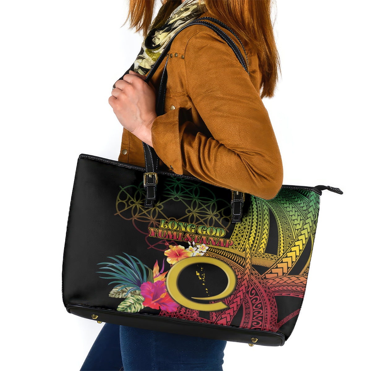 Vanuatu Selebretem 44th Indipendens Dei Leather Tote Bag Sand Drawing Melanesian Vibes LT03 Black - Polynesian Pride
