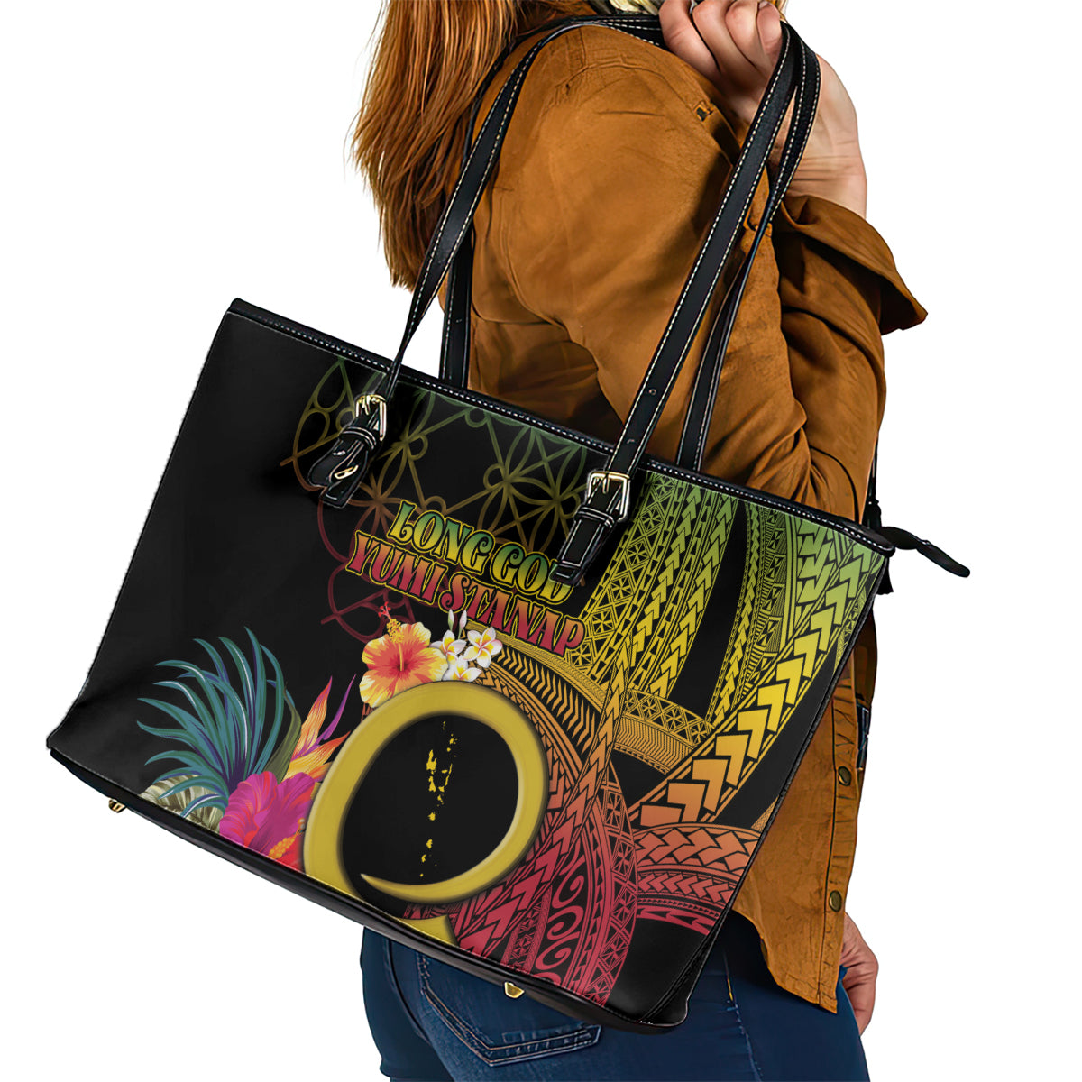 Vanuatu Selebretem 44th Indipendens Dei Leather Tote Bag Sand Drawing Melanesian Vibes LT03 - Polynesian Pride
