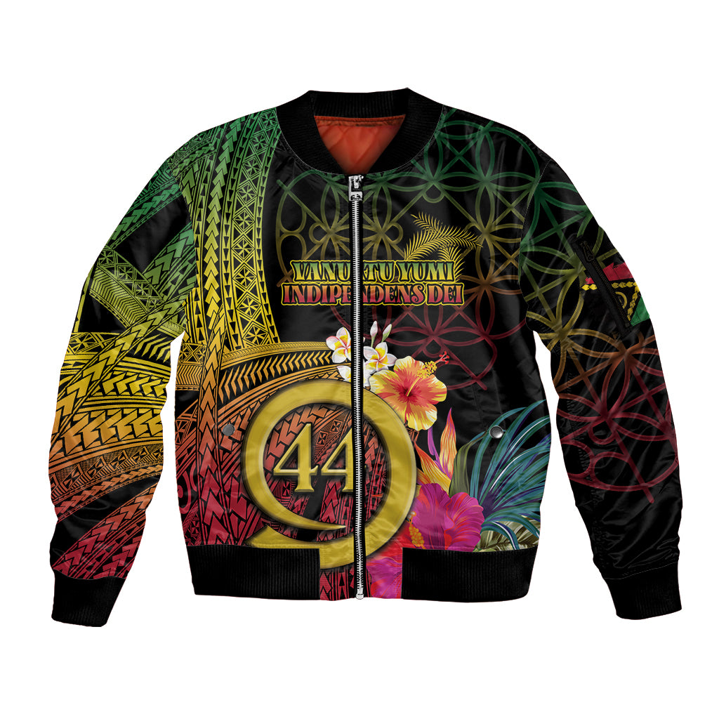 Vanuatu Selebretem 44th Indipendens Dei Sleeve Zip Bomber Jacket Sand Drawing Melanesian Vibes LT03 Unisex Black - Polynesian Pride