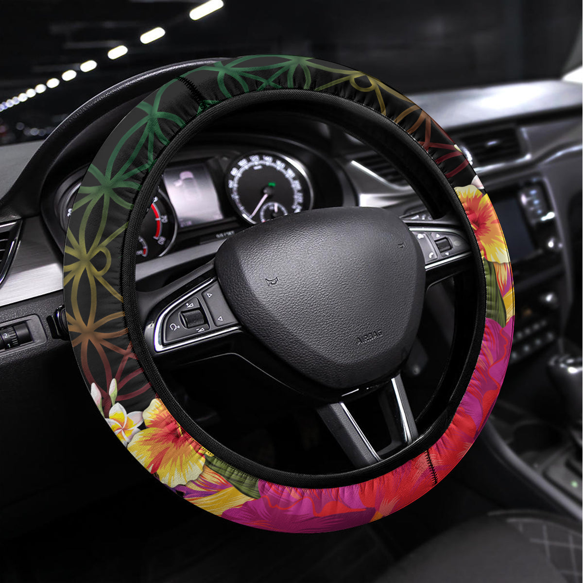 Vanuatu Selebretem 44th Indipendens Dei Steering Wheel Cover Sand Drawing Melanesian Vibes LT03 Universal Fit Black - Polynesian Pride