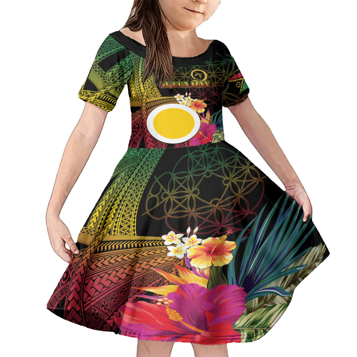 Vanuatu Shefa Day Kid Short Sleeve Dress Sand Drawing Melanesian LT03 KID Black - Polynesian Pride