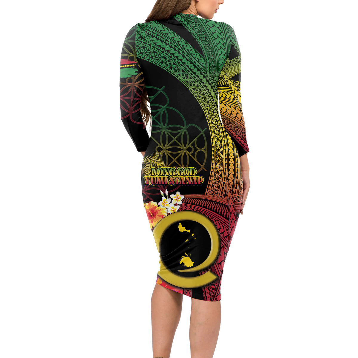 Vanuatu Shefa Day Long Sleeve Bodycon Dress Sand Drawing Melanesian LT03 - Polynesian Pride