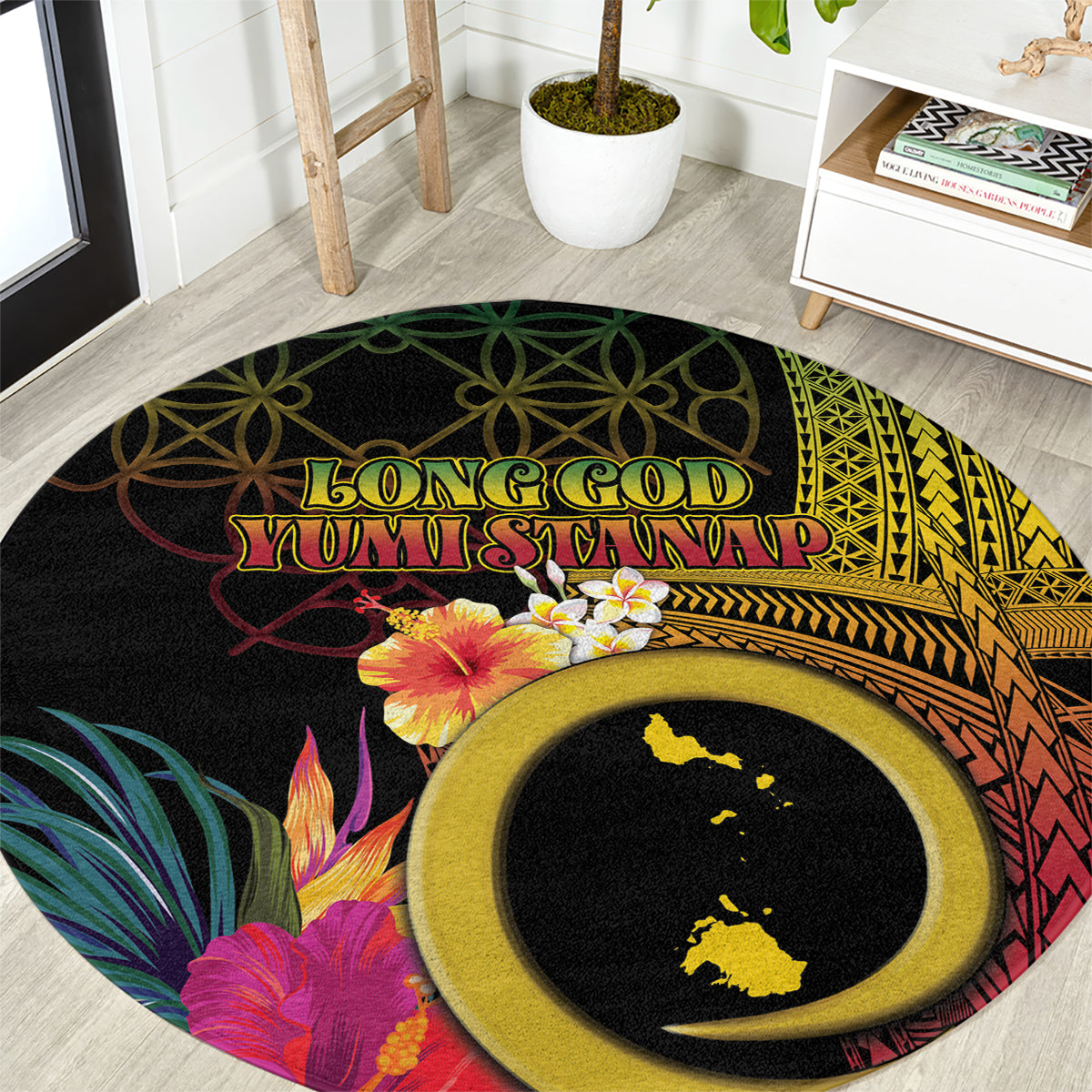 Vanuatu Shefa Day Round Carpet Sand Drawing Melanesian LT03 Black - Polynesian Pride