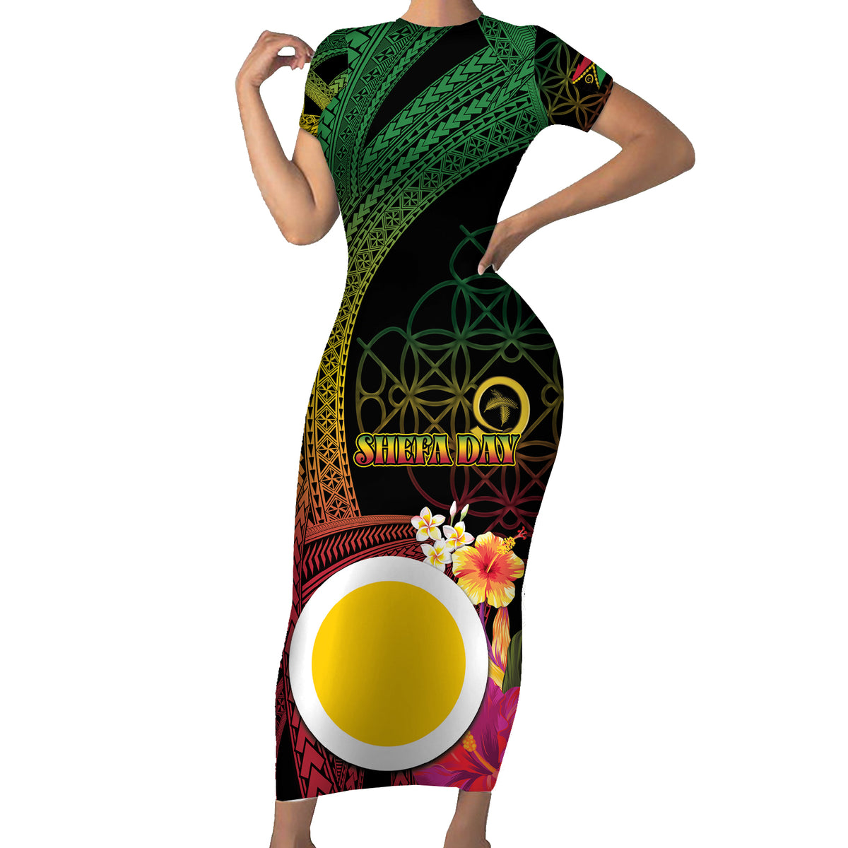 Vanuatu Shefa Day Short Sleeve Bodycon Dress Sand Drawing Melanesian LT03 Long Dress Black - Polynesian Pride