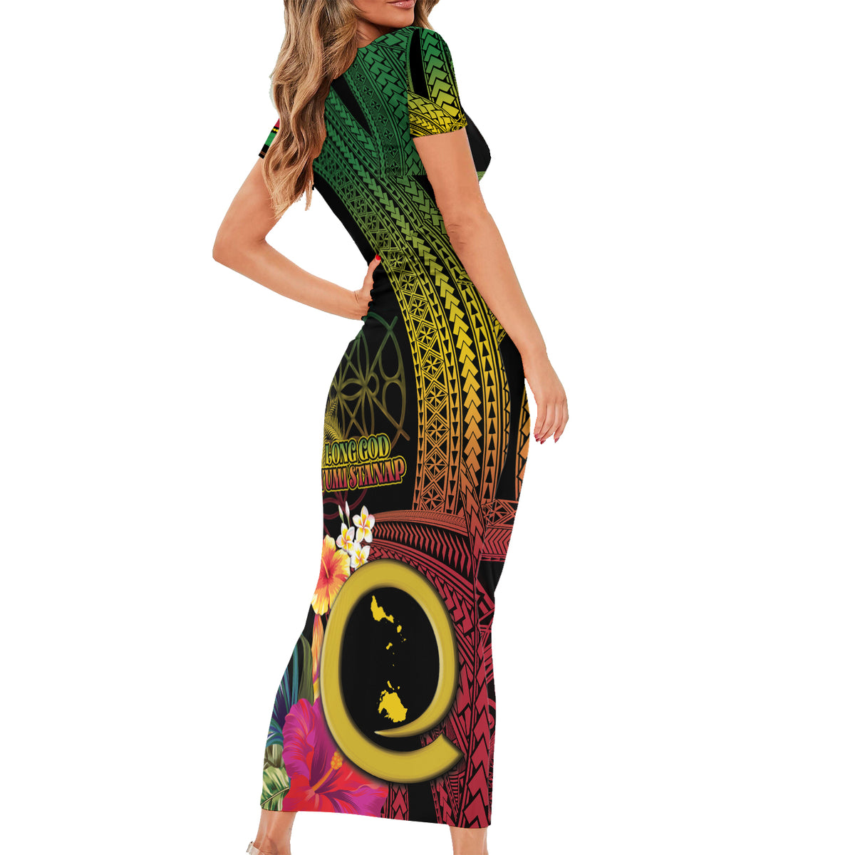 Vanuatu Shefa Day Short Sleeve Bodycon Dress Sand Drawing Melanesian LT03 - Polynesian Pride