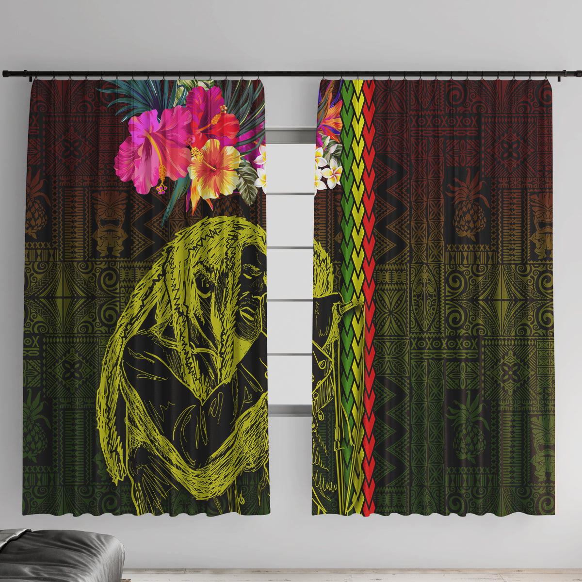 Hawaiian Reggae Music Window Curtain Jamaica Singer Tribal Polynesian and Hibiscus LT03 With Hooks Black - Polynesian Pride