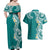 Aloha Polynesian Plumeria Flower Couples Matching Off Shoulder Maxi Dress and Hawaiian Shirt Teal Color