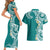 Aloha Polynesian Plumeria Flower Couples Matching Short Sleeve Bodycon Dress and Hawaiian Shirt Teal Color