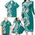 Aloha Polynesian Plumeria Flower Family Matching Long Sleeve Bodycon Dress and Hawaiian Shirt Teal Color