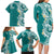 Aloha Polynesian Plumeria Flower Family Matching Long Sleeve Bodycon Dress and Hawaiian Shirt Teal Color