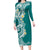 Aloha Polynesian Plumeria Flower Family Matching Long Sleeve Bodycon Dress and Hawaiian Shirt Teal Color