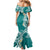 Aloha Polynesian Plumeria Flower Family Matching Mermaid Dress and Hawaiian Shirt Teal Color